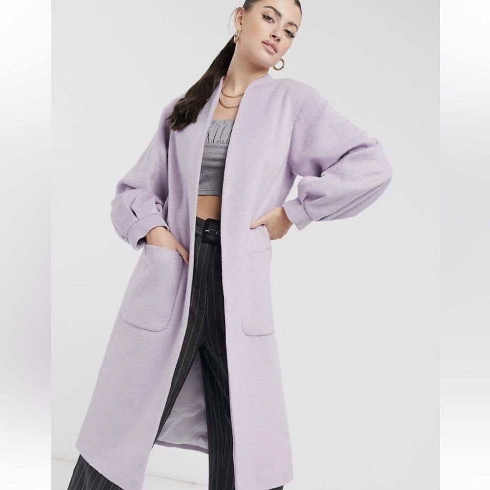 HELENE BERMAN Volume Sleeve Long Wool Blend Coat In Lilac-purple 10